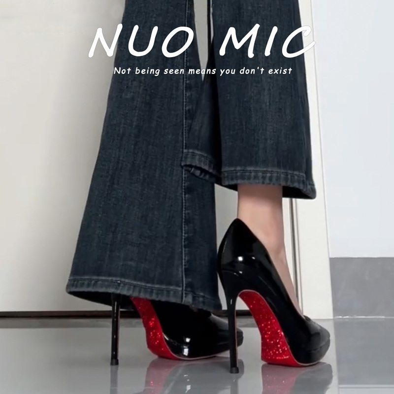 Sexy Black Patent Leather Rhinestone Red-Soled High-Heeled Shoes for Women, Waterproof Platform, Stiletto Heel, Pointed Toe, Elegant and Versatile Single Shoes