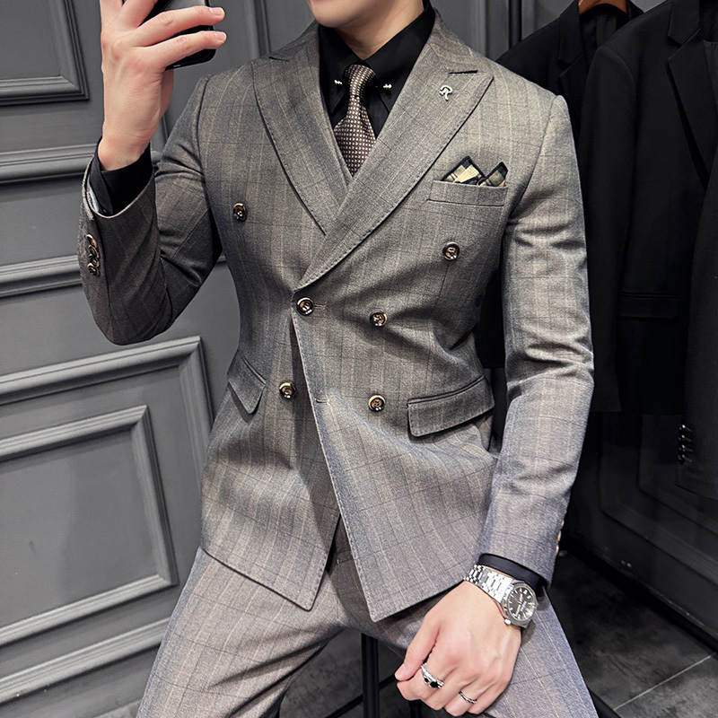 Double-Breasted Plaid Suit Men's Suit Groom Wedding Dress Korean Style Slim Gray Casual Small Suit Jacket