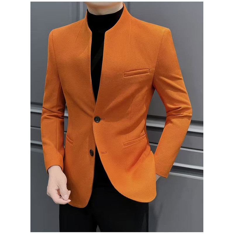 Orange Stand-Collar Suit for Men, High-End, Stylish, Waffle-Patterned Zhongshan Suit Jacket, Casual Slim-Fit Suit