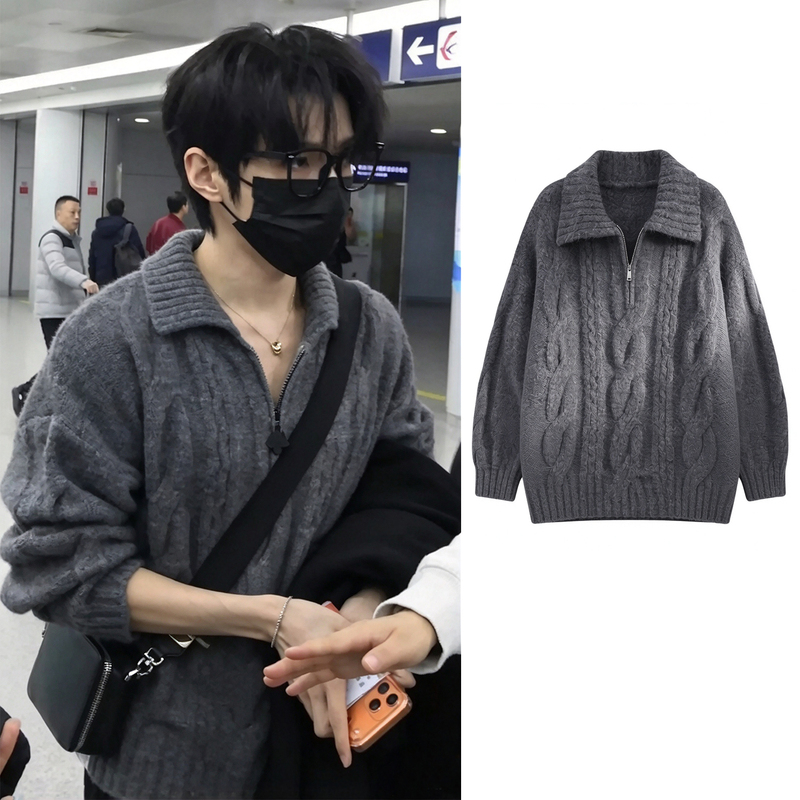 Hao Yiran's Same Style Half-Zip Sweater for Men and Women, Loose Retro Twist Collar Wool Knit Cardigan for Winter