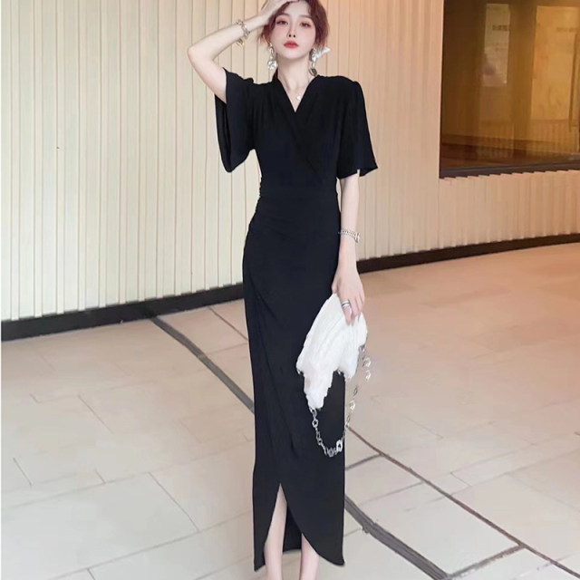 Goddess Fan Temperament Dress Summer New High-end Bright Silk Elastic V-neck Lotus Leaf Sleeve Slit Slim Skirt