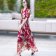 2022 summer new short-sleeved splicing high-waisted long skirt V-neck color contrast printing big swing chiffon temperament dress