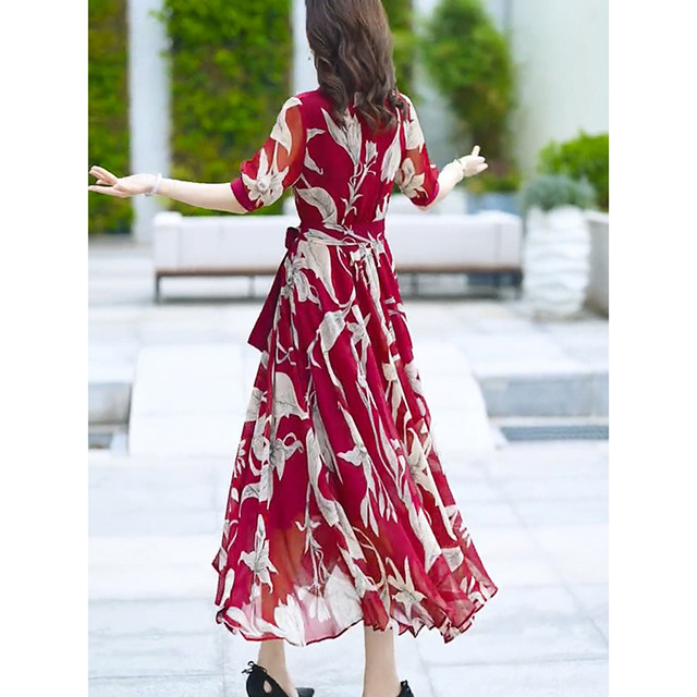 2022 summer new short-sleeved splicing high-waisted long skirt V-neck color contrast printing big swing chiffon temperament dress