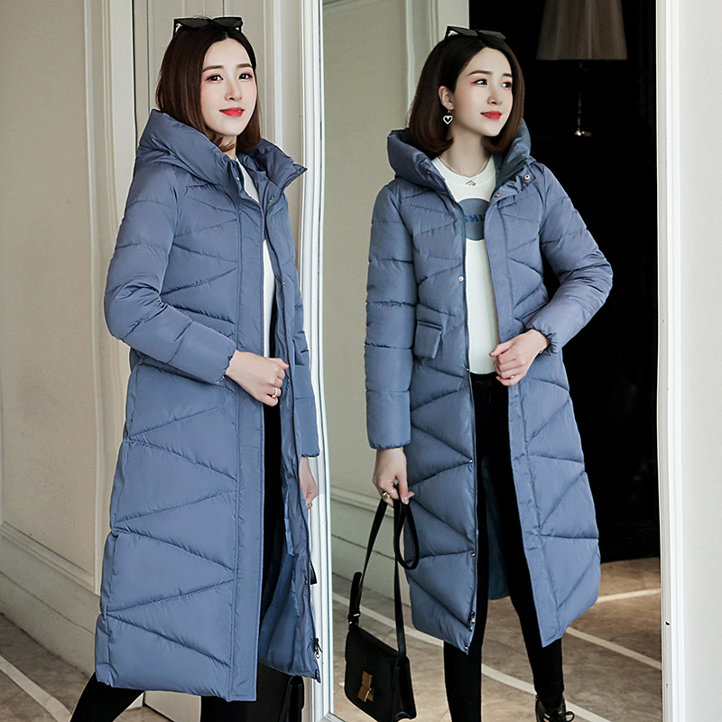 Mùa thu và mùa đông bông quần áo mới của Hàn Quốc phiên bản của mã lớn dài trên đầu gối phụ nữ áo bông dày sửa chữa cơ thể đội mũ trùm đầu bông áo khoác