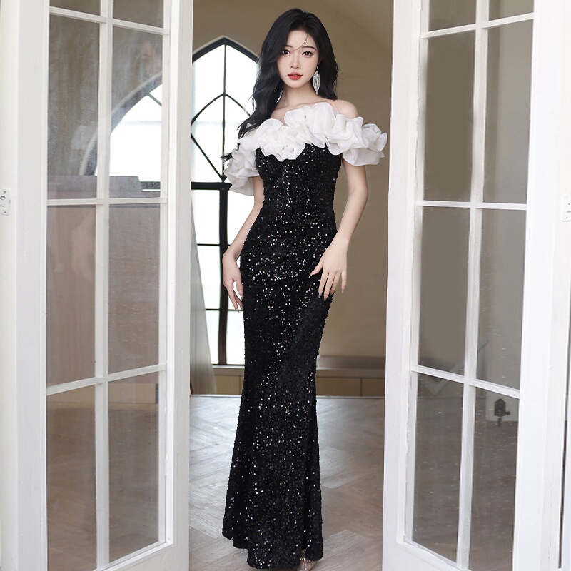 New Black Long Sequin Off-Shoulder Evening Dress, Light Luxury, Niche, High-End, Elegant Cloud Fishtail Dress New Black Long Sequin Off-Shoulder Evening Dress, Light Luxury, Niche, High-End, Elegant Cloud Fishtail Dress
