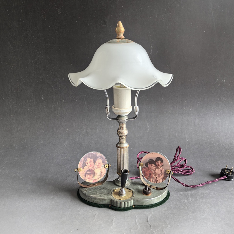 Antique Brass Chrome-Plated Electric Lamp from the Republic of China Period, Old Shanghai Vintage Cream Glass Shade Double-Headed Photo Frame Table Lamp