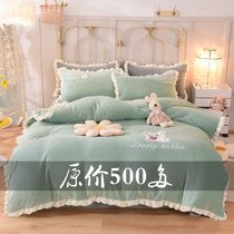 Winter Milk Fleece Cute Rabbit Four Piece Set Fleece Thick Reversible Fleece Anti-static Heating Bed Sheet Quilt Cover