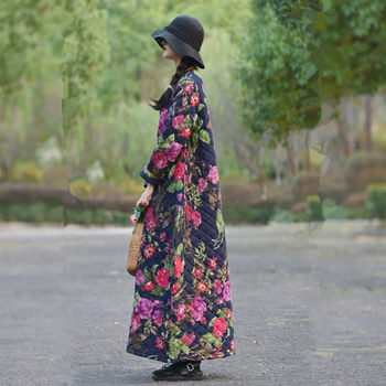 Su Xin's homemade ethnic style thickened dress autumn and winter retro loose printed cotton quilted robe