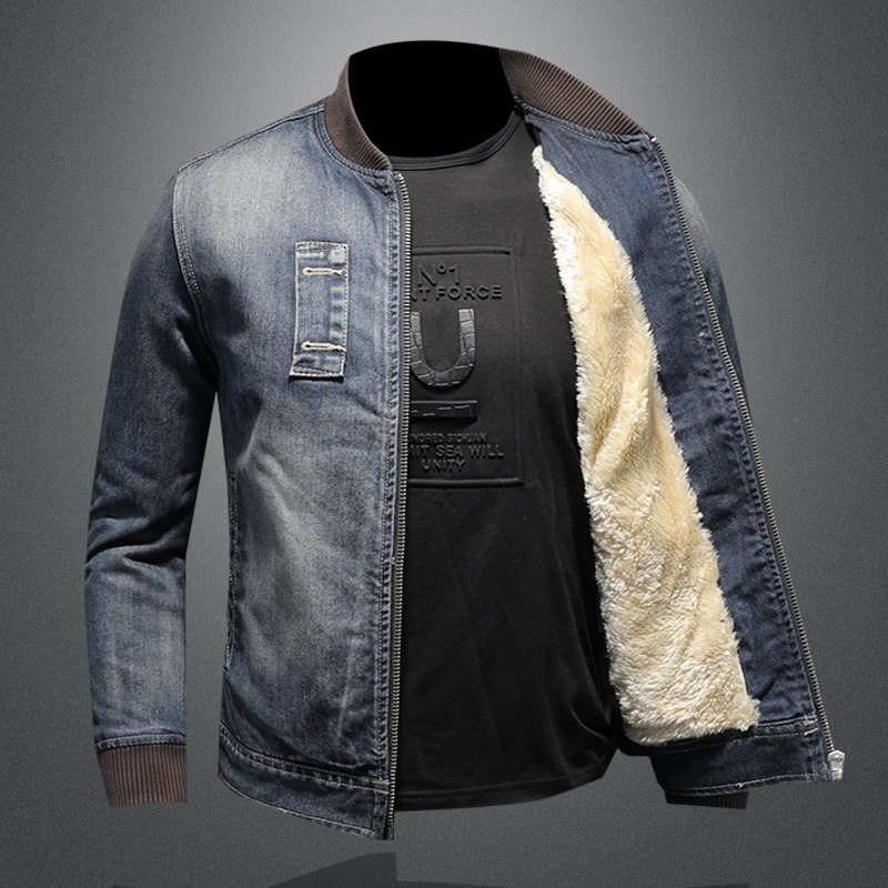 European Style Men's Denim Jacket for Autumn and Winter, Fleece-Lined, Thickened, Warm, Trendy Casual Jacket with Simple Baseball Collar