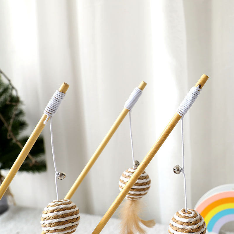 Cat Wooden Pole Feather Teasing Cat With Cat kitty Interactive self-Hi vocal bell Bell Colored resistant Ball Cat Toy