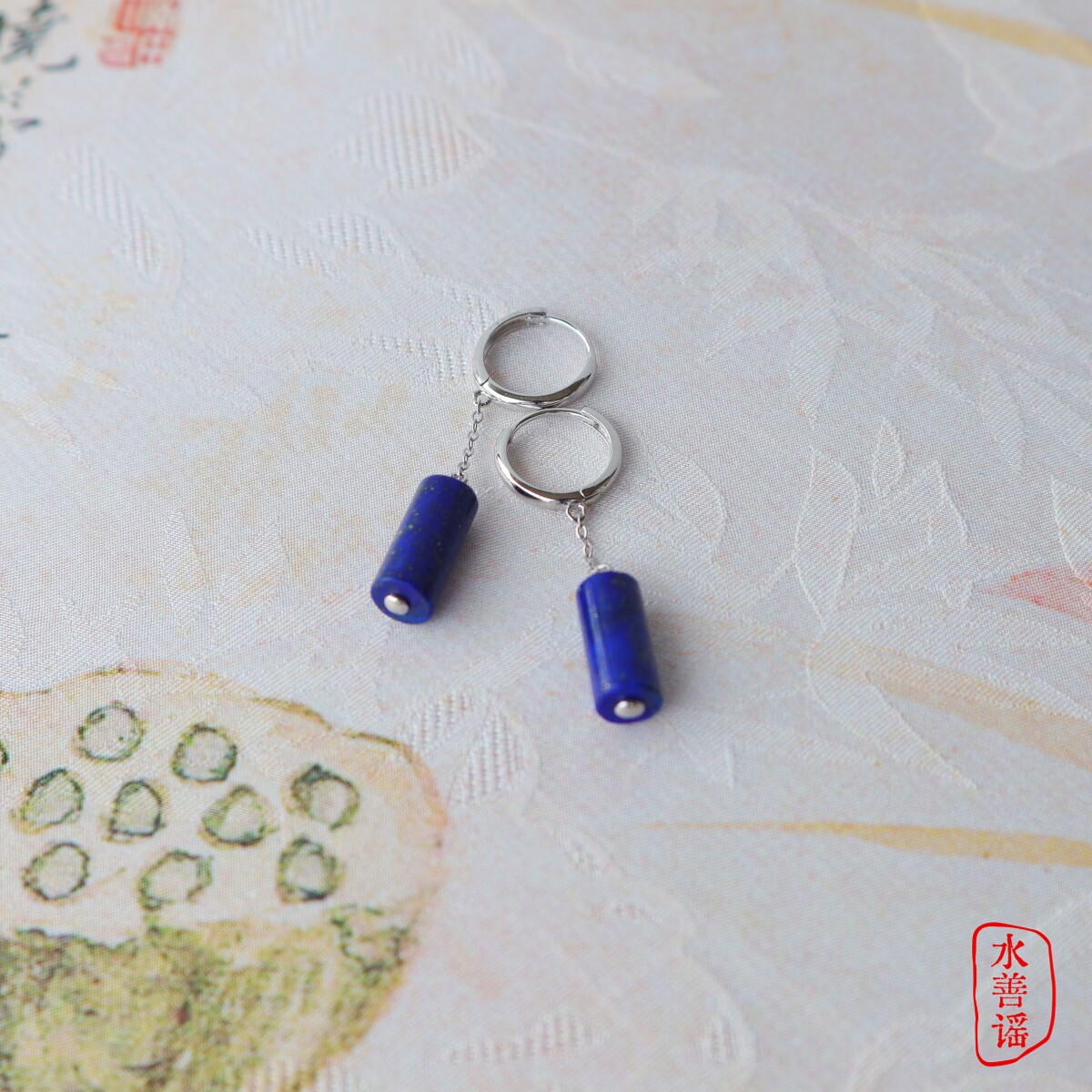 Серьги 天然青金石圆柱耳圈s925银镀18k金小众设计复古民族风简约耳饰