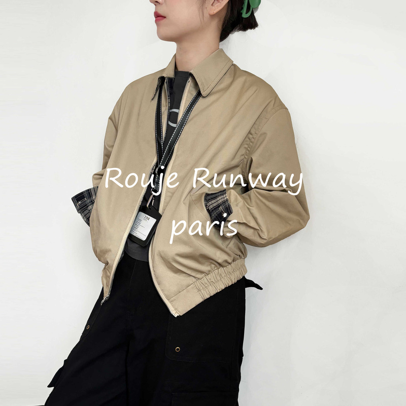 Rouje Runway Light Khaki Lapel Jacket for Women, New Spring and Autumn Plaid Patchwork Cardigan Short Top