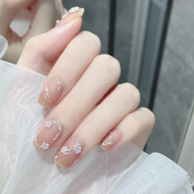 Handmade customized nail patches for finished nail art, with a bare color matte and a white appearance. Wearing nail stickers with small floral patterns