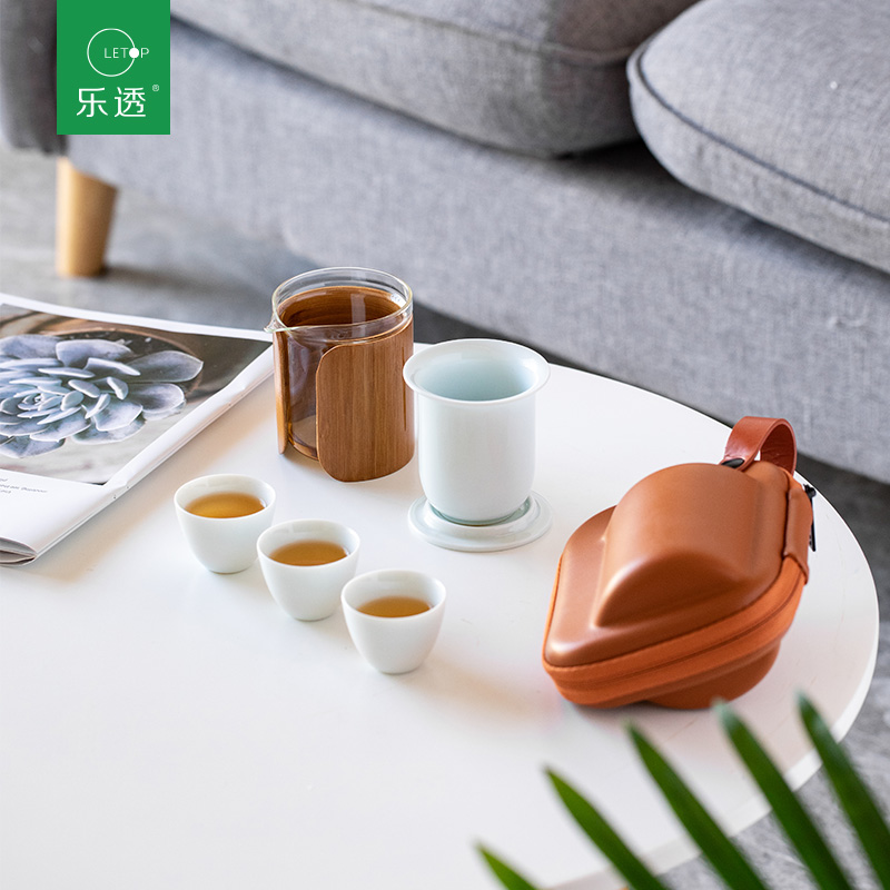 Xiangfu Creative Glass Quick Cup One Pot Three Cups Storage Tea Tray Bamboo Box Outdoor Travel Tea Set Portable Bag