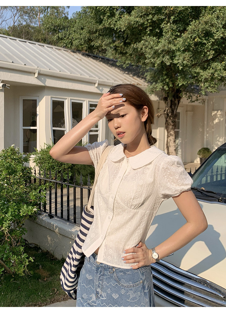 Tuuuh блузка белая с кукольным воротником и рукавами-буфами женская весна-лето французская кружевная жаккардовая милая рубашка