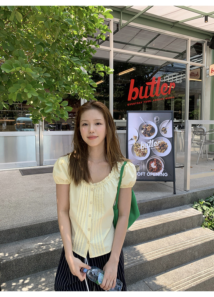 Tuuuh рубашка женская с короткими рукавами и квадратным вырезом со складками светло-желтая нежного стиля