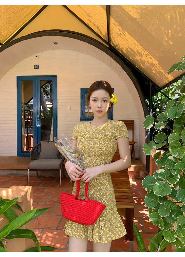 Tuuuh платье с цветочным принтом женское летнее стройнящее с поясом французское ретро миди желтое платье