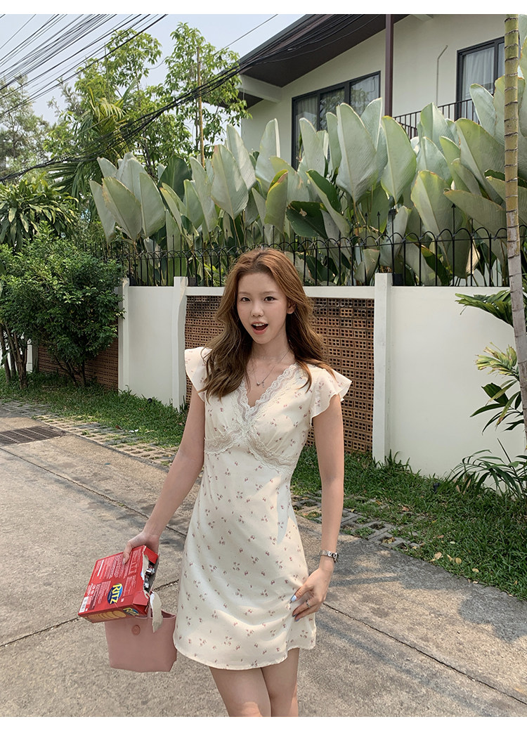 Tuuuh летнее платье с цветочным принтом, V-образный вырез, кружевные вставки, короткие рукава