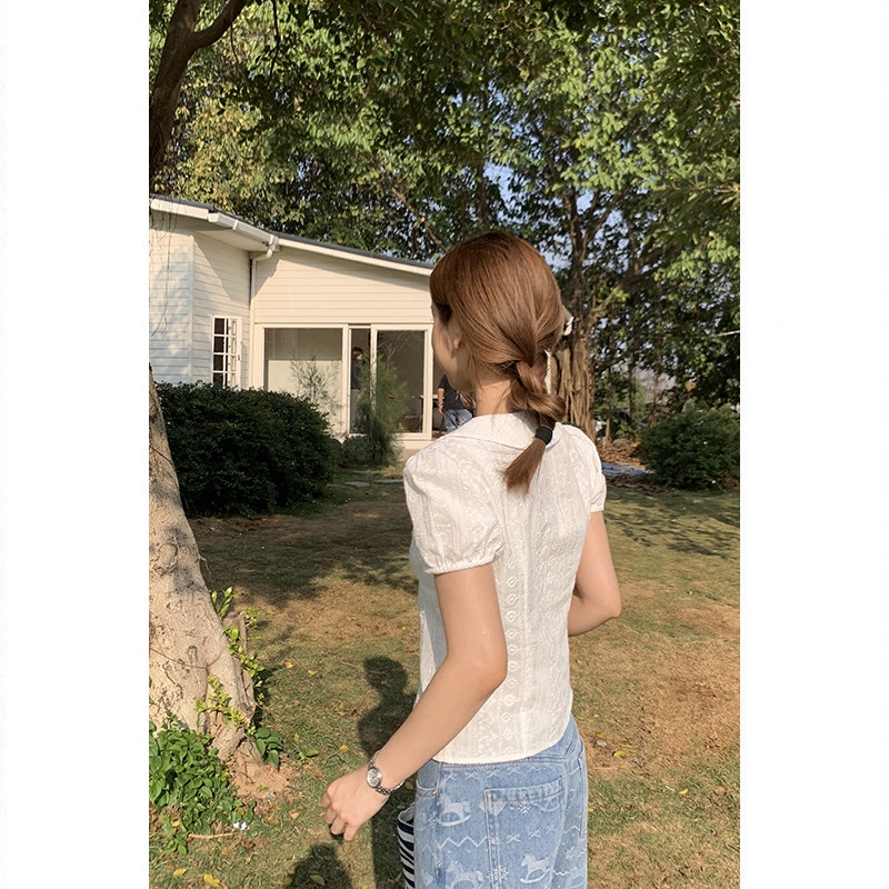 Tuuuh блузка белая с кукольным воротником и рукавами-буфами женская весна-лето французская кружевная жаккардовая милая рубашка