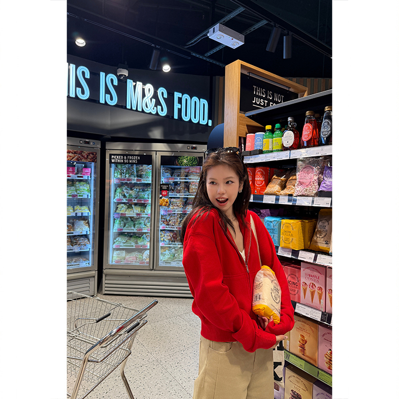 Tuuuh Picture Book [Casual Red Guard] Red Hooded Zip-Up Sweatshirt for Women, Loose Casual Jacket Top