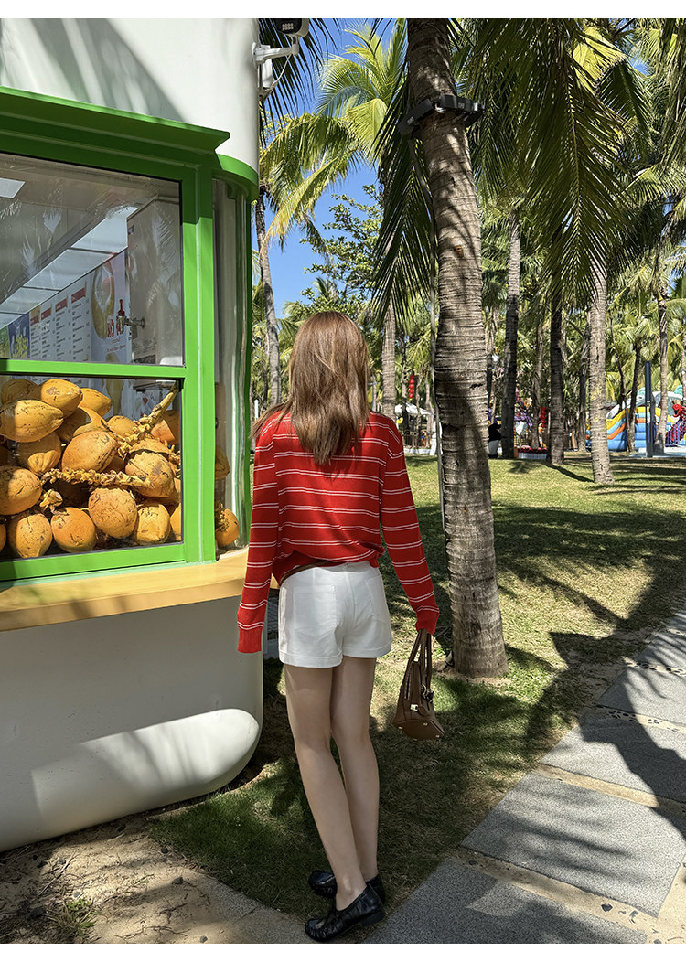 Tuuuh женский красный вязаный свитер с воротником поло в полоску, корейский стиль, винтаж, повседневный, стройнящий