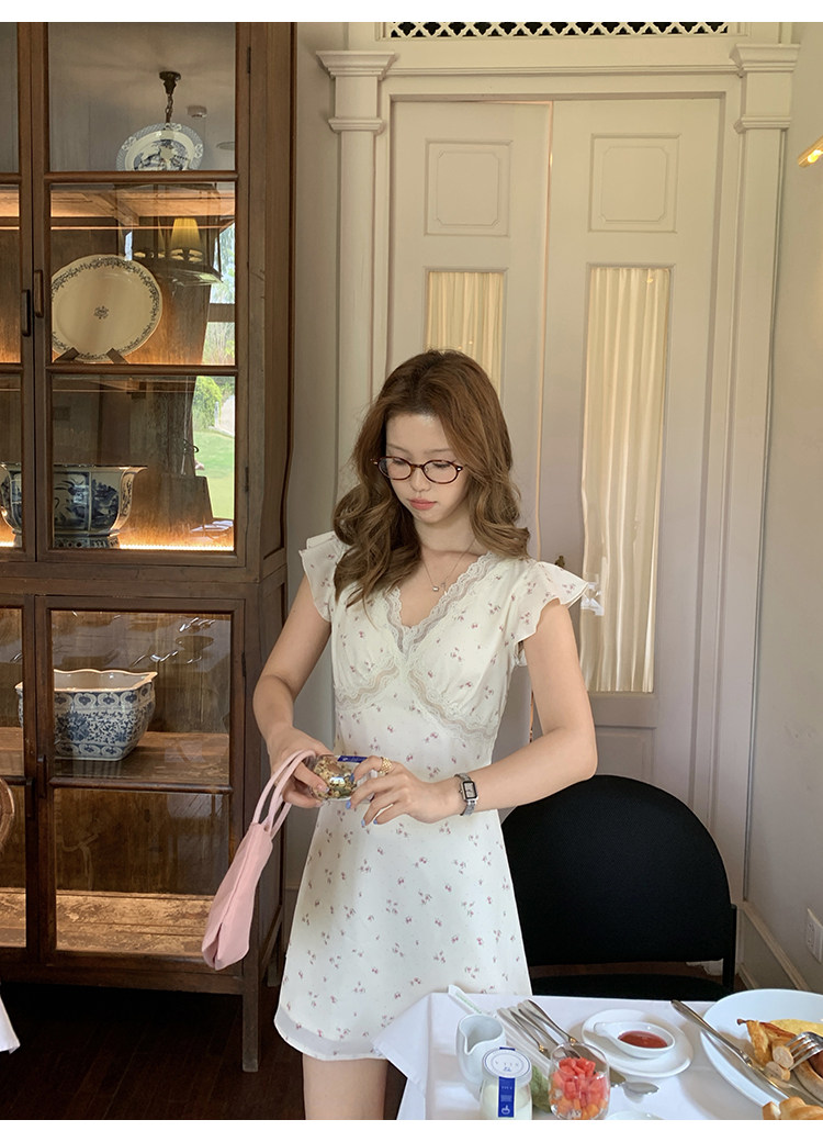 Tuuuh летнее платье с цветочным принтом, V-образный вырез, кружевные вставки, короткие рукава