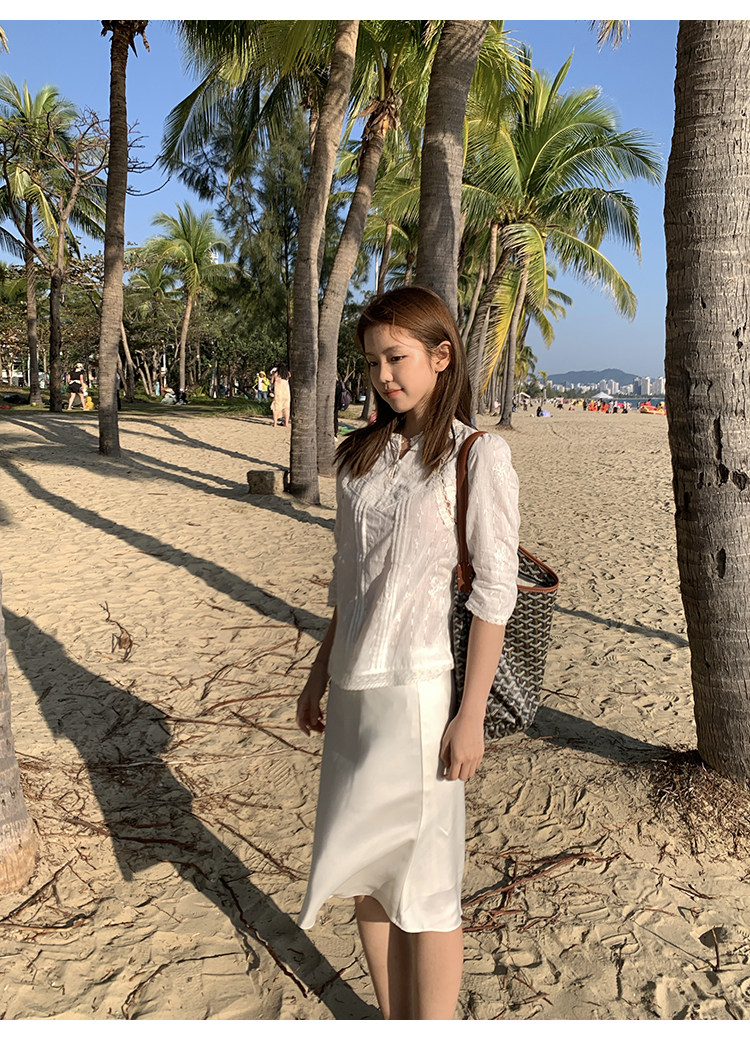 Tuuuh атласная юбка-миди женская весенне-летняя корейский стиль нежная струящаяся стройнящая универсальная короткая юбка