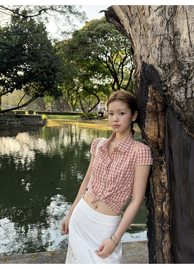 Tuuuh рубашка женская клетчатая с отложным воротником короткая с коротким рукавом весна-лето корейский стиль приталенная офисная блузка
