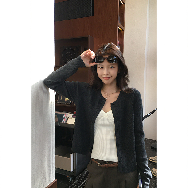 Tuuuh Picture Book [Mist Gray Cardigan] Charcoal Gray Round Neck Single-Breasted Knitted Cardigan Wool Blend Top