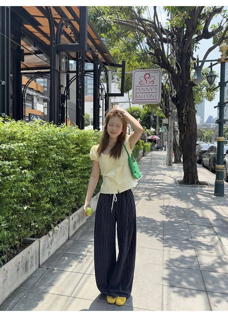 Tuuuh рубашка женская с короткими рукавами и квадратным вырезом со складками светло-желтая нежного стиля