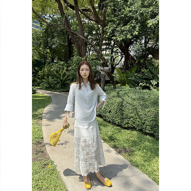 Tuuuh юбка полусолнце женская с высокой талией средней длины А-силуэт молочно-белая с кружевными цветочными вставками