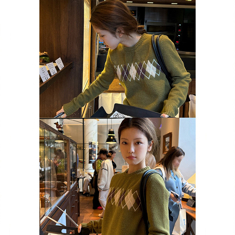 Tuuuh Picture Book Style Argyle Pattern Round Neck Sweater for Women, New Autumn and Winter Vintage Versatile Knit Top