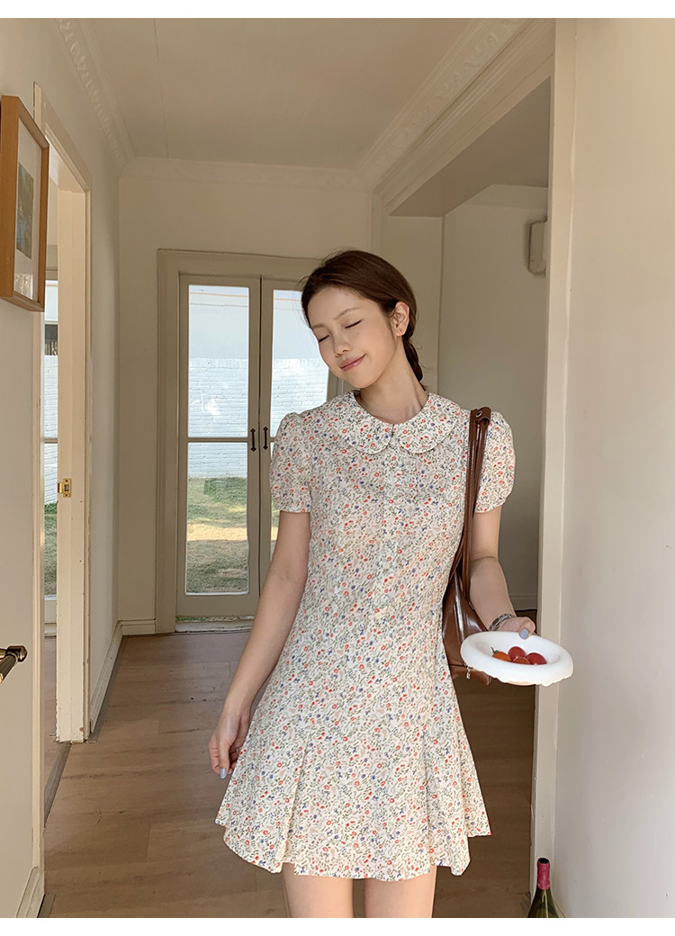 Tuuuh платье с воротником-жабо, рукавами-буфами и цветочным принтом женское весенне-летнее корейский стиль школьный стройнящее милое