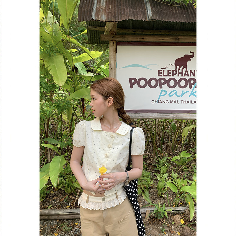 Tuuuh рубашка женская с коротким рукавом и воротником-стойкой в горошек приталенная летняя