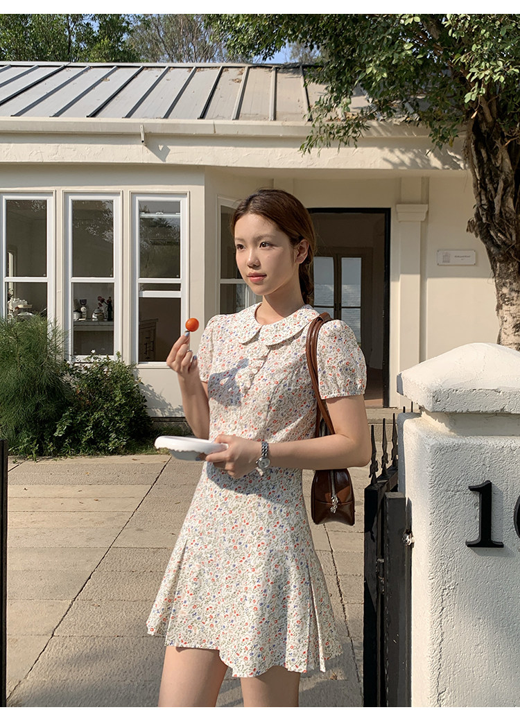 Tuuuh платье с воротником-жабо, рукавами-буфами и цветочным принтом женское весенне-летнее корейский стиль школьный стройнящее милое