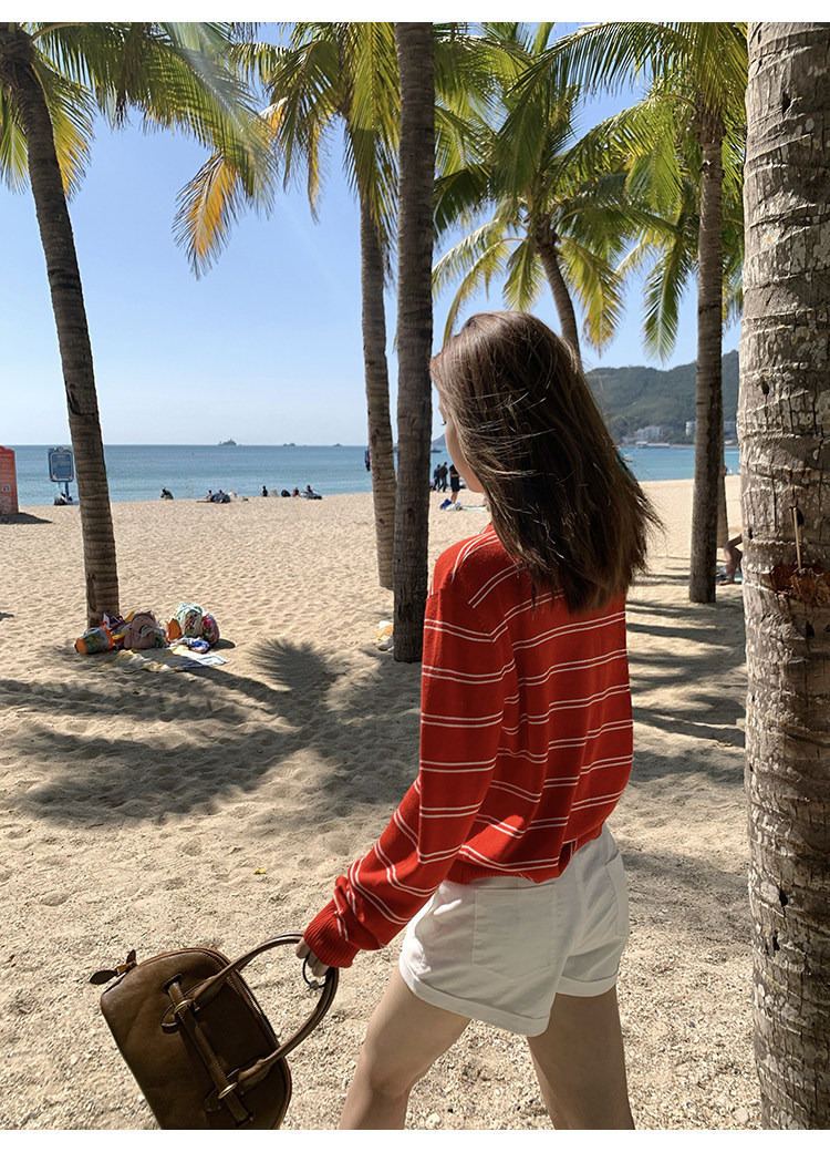 Tuuuh женский красный вязаный свитер с воротником поло в полоску, корейский стиль, винтаж, повседневный, стройнящий