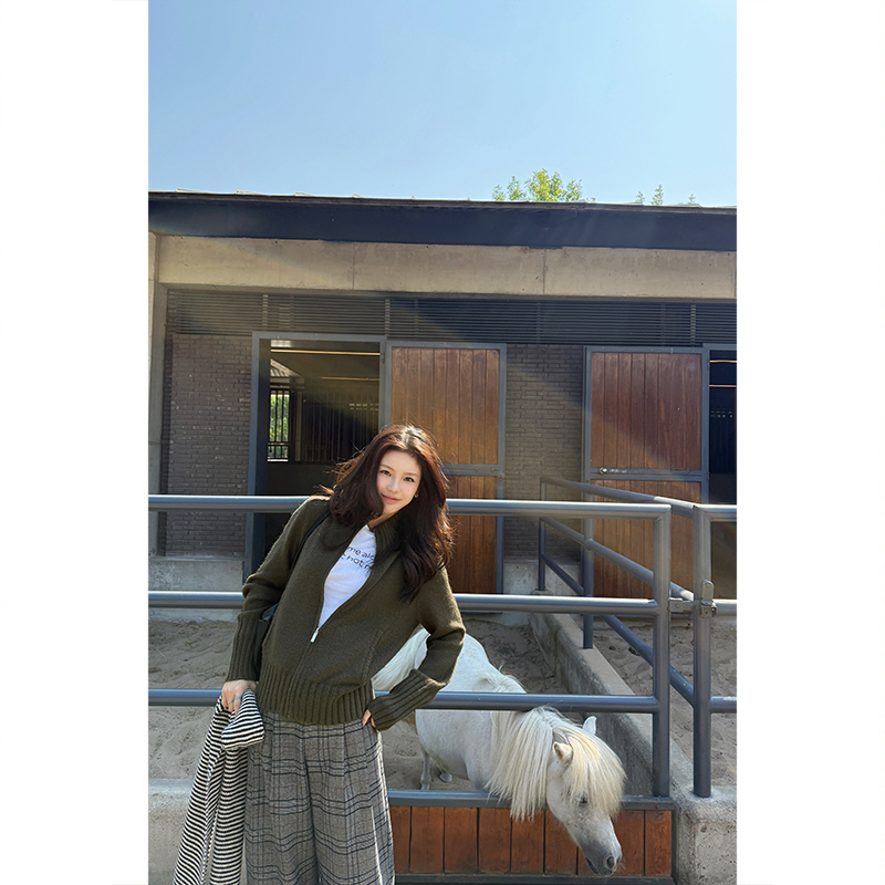 Tuuuh Picture Book [Autumn Field Army Green] Army Green Zipper Sweater Jacket for Women, Autumn Vintage Stand Collar Knitted Top