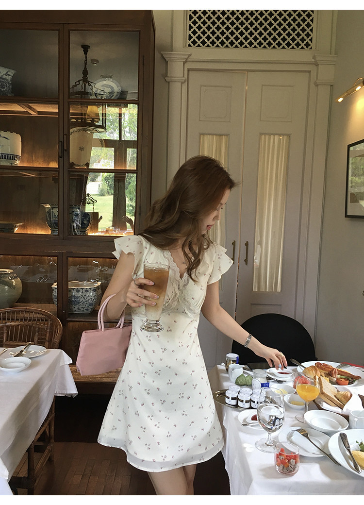 Tuuuh летнее платье с цветочным принтом, V-образный вырез, кружевные вставки, короткие рукава