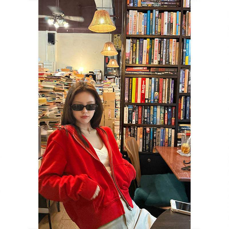 Tuuuh Picture Book [Casual Red Guard] Red Hooded Zip-Up Sweatshirt for Women, Loose Casual Jacket Top
