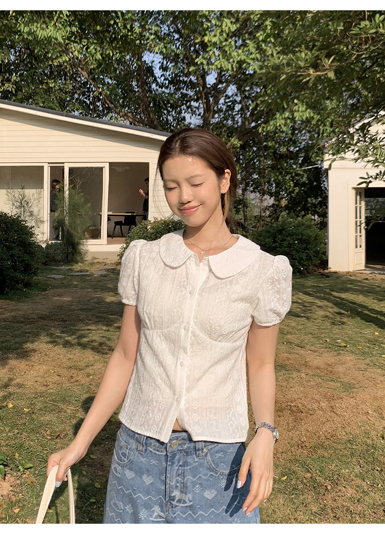 Tuuuh блузка белая с кукольным воротником и рукавами-буфами женская весна-лето французская кружевная жаккардовая милая рубашка
