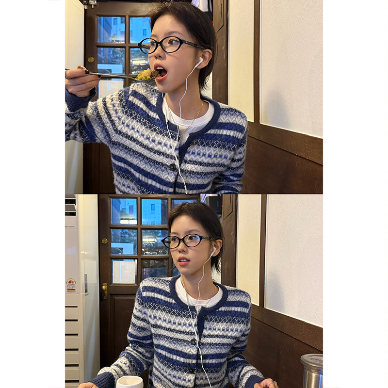 Tuuuh Picture Book [Nordic Snow Season] Fair Isle Striped Knit Cardigan for Women, Loose Color-Block Sweater for Autumn and Winter