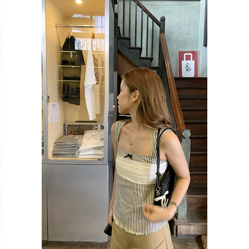 Tuuuh майка женская с квадратным вырезом в полоску без рукавов приталенная летняя