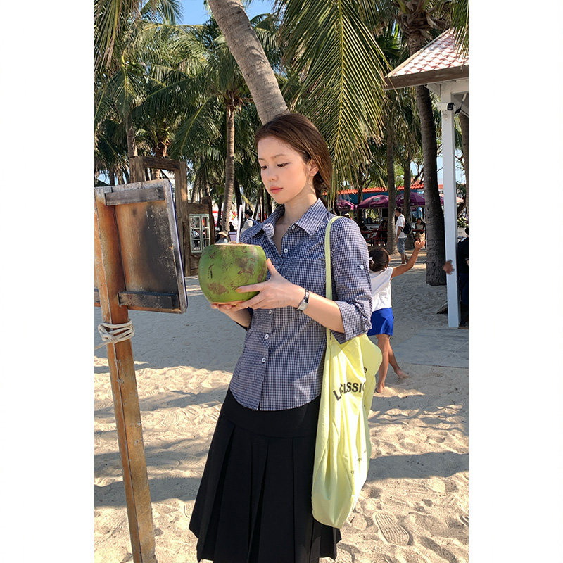 Tuuuh рубашка женская с рукавами три четверти отложным воротником весна-осень корейский стиль повседневная стройнящая универсальная в клетку