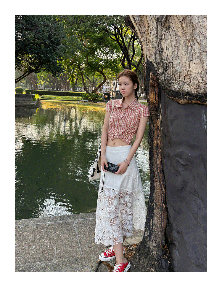 Tuuuh рубашка женская клетчатая с отложным воротником короткая с коротким рукавом весна-лето корейский стиль приталенная офисная блузка