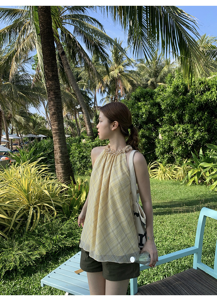 Tuuuh платье женское летнее французское ретро с завязками на шее в клетку свободное универсальное для отпуска