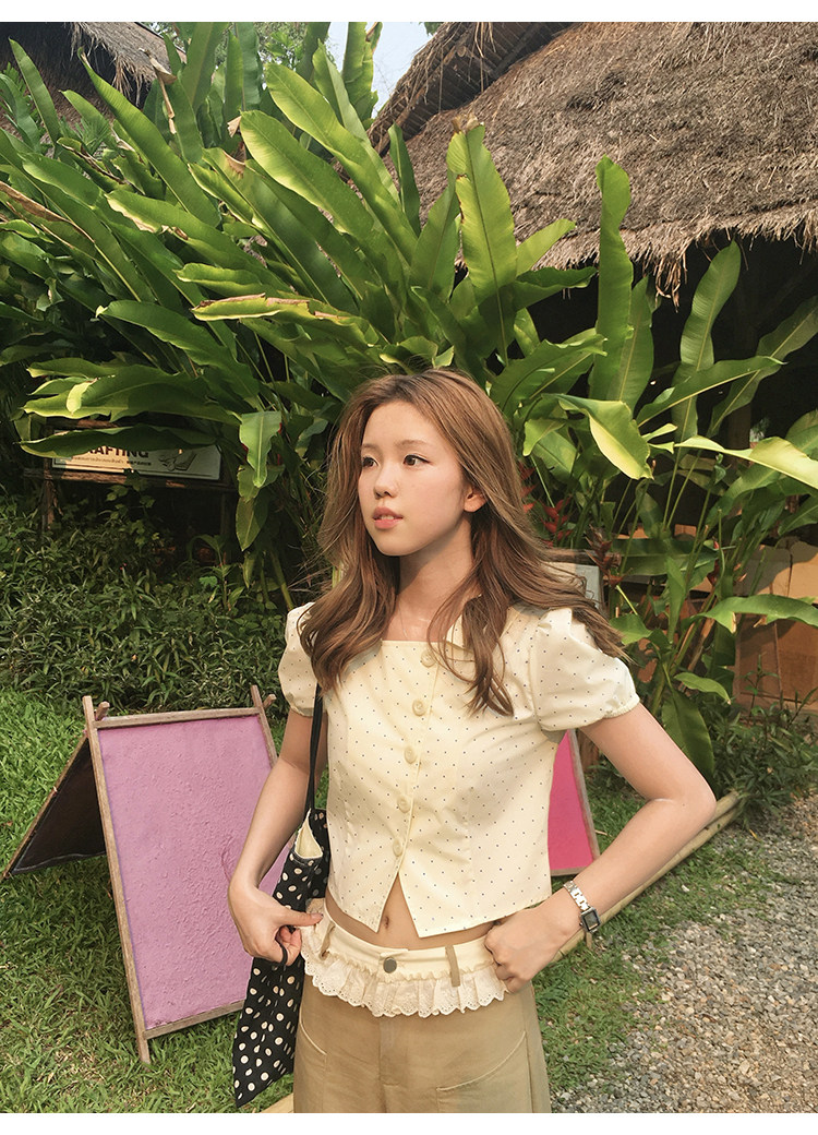 Tuuuh рубашка женская с коротким рукавом и воротником-стойкой в горошек приталенная летняя