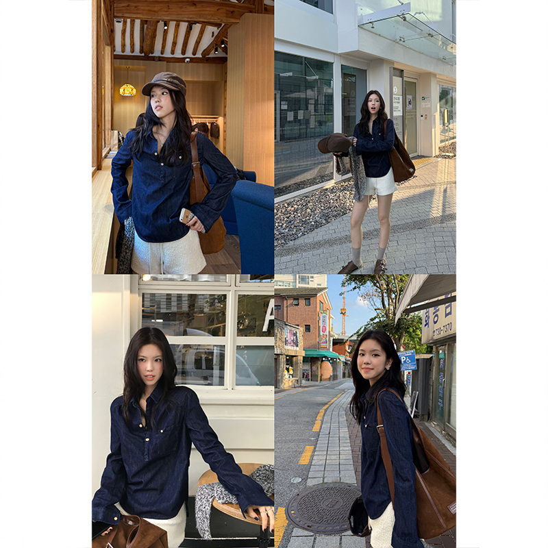 Tuuuh Picture Book [Deep Blue Prologue] Lyocell Deep Blue Denim Shirt Women's Autumn Vintage Shirt