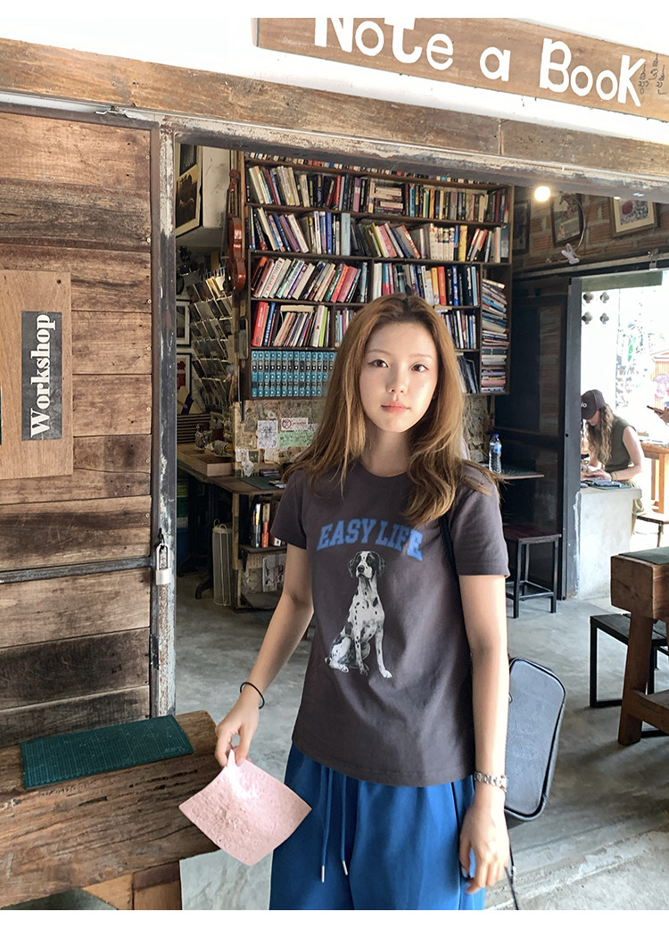 Tuuuh футболка женская с принтом собачки свободная с коротким рукавом 2026 летняя новинка американский ретро стиль