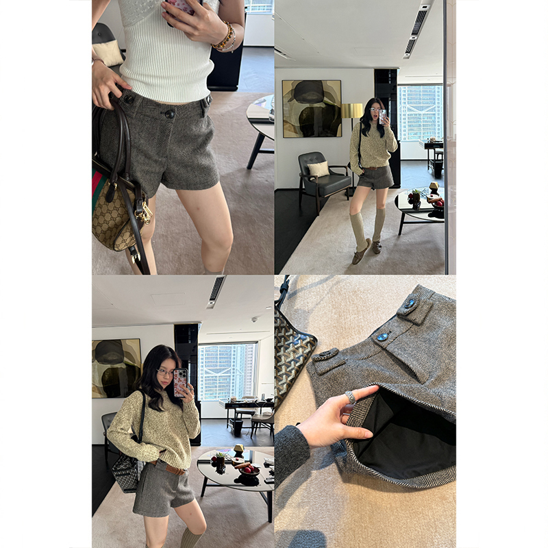 Tuuuh Picture Book [Full Marks for Relaxation] Sheep Wool Herringbone Shorts for Women, Autumn Retro Woolen Boot Shorts