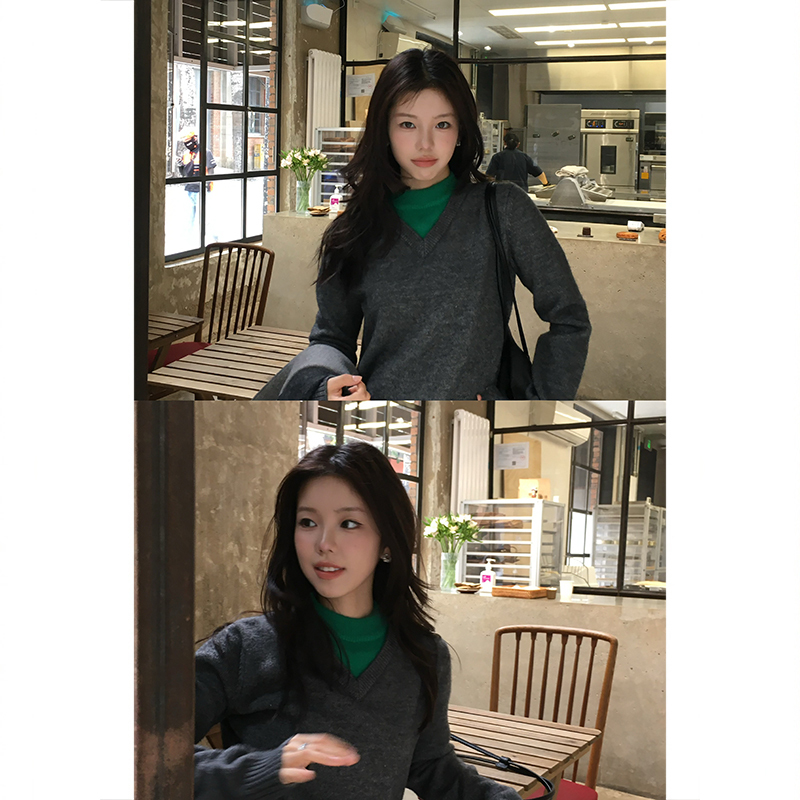Tuuuh Picture Book [Layered Aesthetics] Gray-Green Faux Two-Piece Color-Blocked Sweater, Autumn and Winter Korean Style Top, Knitwear
